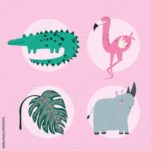 cartoon jungle animals crocodile rhino leaf and flamingo