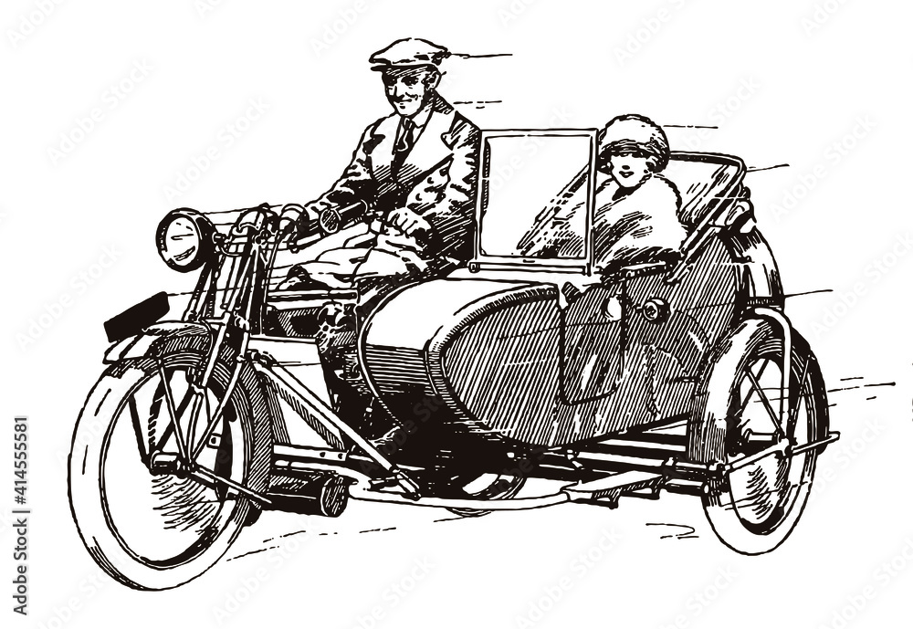 Ταπετσαρία Smiling woman and man from early 20th century riding antique motorcycle with sid
