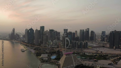 Aerial view of Doha cityscape during a cloudy day, Qatar.