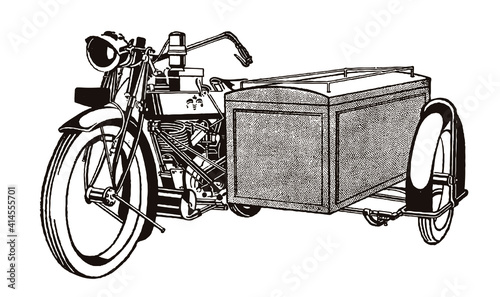 Antique motorcycle with delivery box sidecar in three-quarter view, after an illustration from the early 20th century