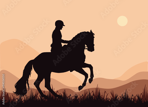 a rider gallops in a field, a dark silhouette against the sky,