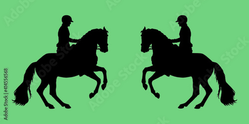 black silhouettes on a green background, dressage, two riders facing each other. black isolated silhouette 