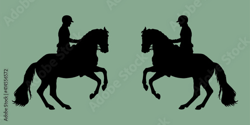 black silhouettes on a green background, dressage, two riders facing each other. black isolated silhouette 