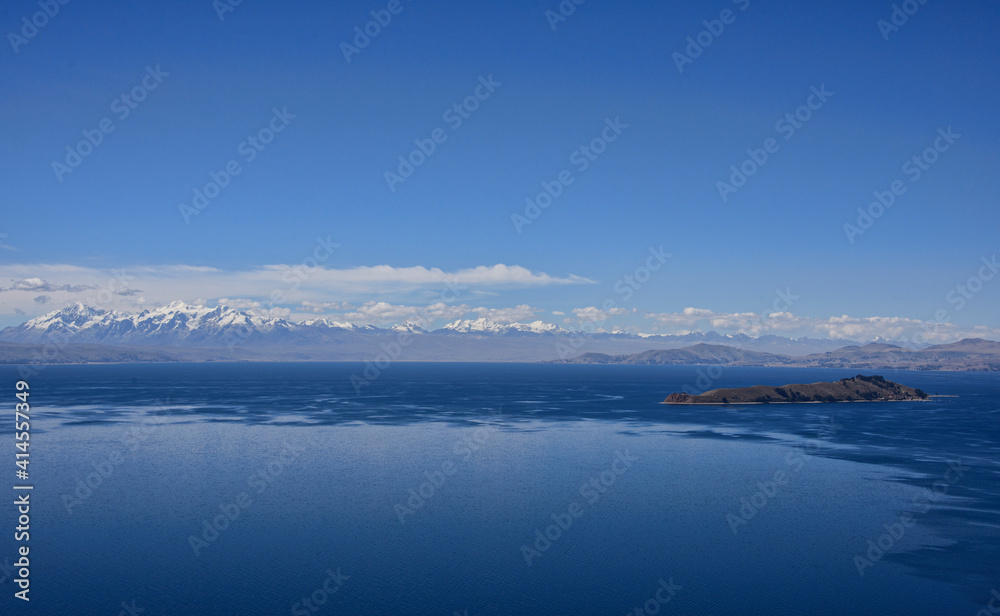 View of the entire Cordillera Real across Lake Titicaca, Isla del Sol, Bolivia