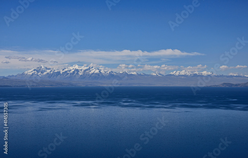 View of the entire Cordillera Real across Lake Titicaca, Isla del Sol, Bolivia © raquelm.