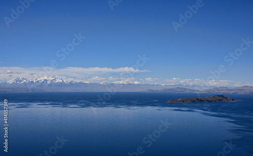 View of the entire Cordillera Real across Lake Titicaca  Isla del Sol  Bolivia