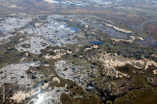View of the landscape in the Okovango Delta from an airplane with wildlife trails. photo