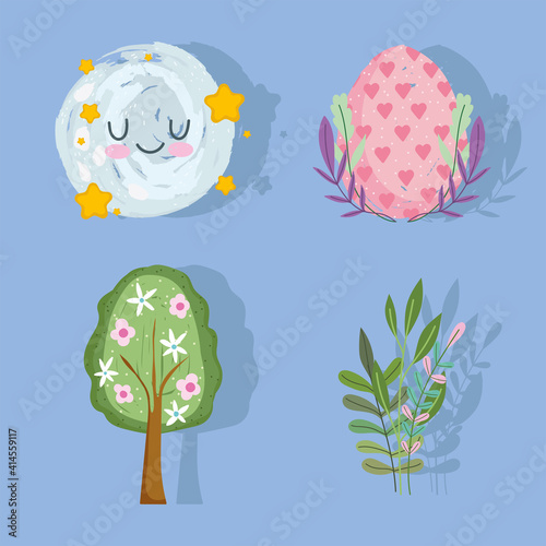 happy easter egg tree flowers foliage and moon set
