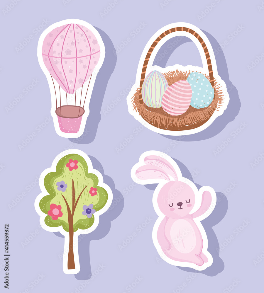 set happy easter cute rabbit egg basket tree flowers and air balloon