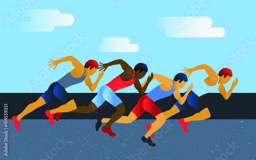 Vector illustration in flat minimalist style with a group of running men sprinters. Preparing for sports competition. 
