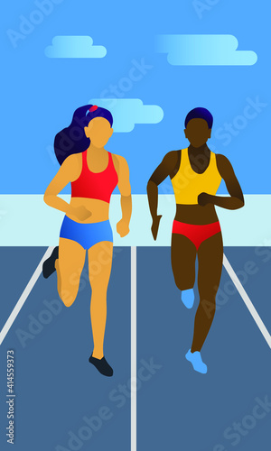 Vector illustration in flat minimalist style with two running women. Preparing for sports competition. 