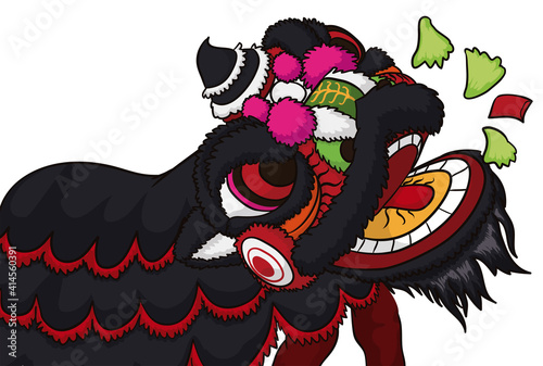 Black lion dancers performing the tradition of eat lettuce, Vector Illustration