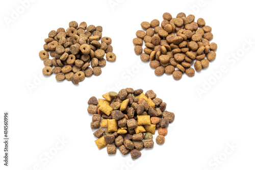 variation domestic animals dry food isolated on white background. dry cat feed cut out. above view. collection