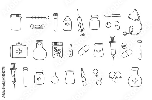 Medical tools doodle vector line icon. First aid kit, syringe and stethoscope, vial of medicine, pill, thermometer, medical plaster, pipette. Black outline design. Hand drawn illustration