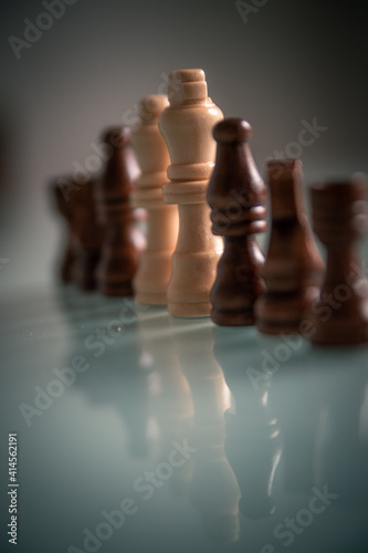 Chess pieces lined up on a table white and black