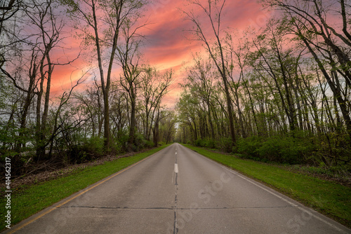 An abandoned and isolated road on the eastern coast of north America, Canada with stunning pink sunset behind in a dark themed shot.  photo