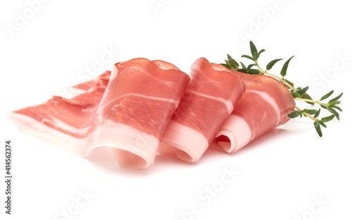 Italian prosciutto crudo or jamon. Raw ham. Isolated on white background