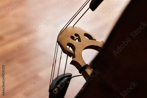 Bridge and strings on a contrabass. Wooden background