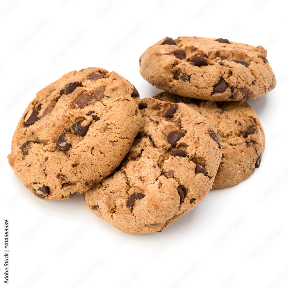 Chocolate chip cookies isolated on white background. Sweet biscuits. Homemade pastry. Chocolate chip cookies isolated on white background. Sweet biscuits. Homemade pastry.