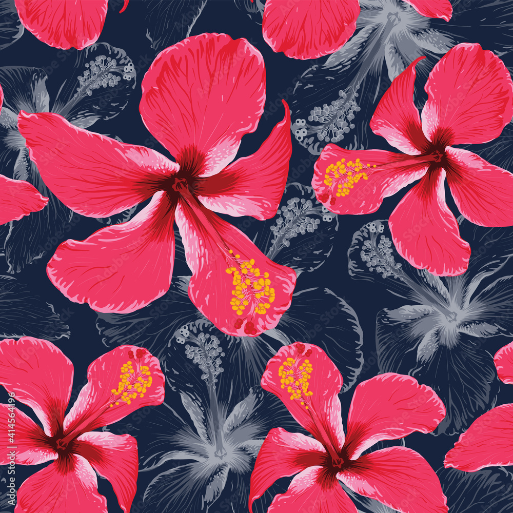 Seamless pattern tropical summer with red Hibiscus flowers abstract background.Vector illustration hand drawing dry watercolor style.For fabric design.