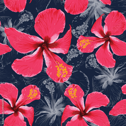 Seamless pattern tropical summer with red Hibiscus flowers abstract background.Vector illustration hand drawing dry watercolor style.For fabric design.