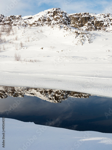 River Oxara. Thingvellir National Park, a Unesco World Heritage Site, covered in fresh snow in Iceland.