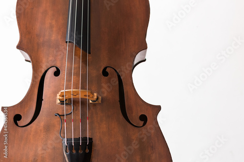 Contrabass details. Wooden string instrument close up. White background