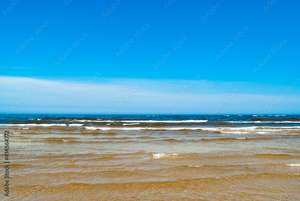 seashore, in the photo sea water against the blue sky