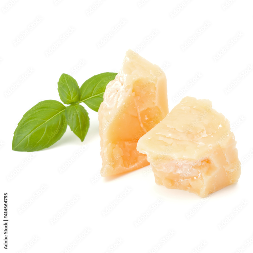 shredded parmesan cheese and basil leaf isolated on white background cutout