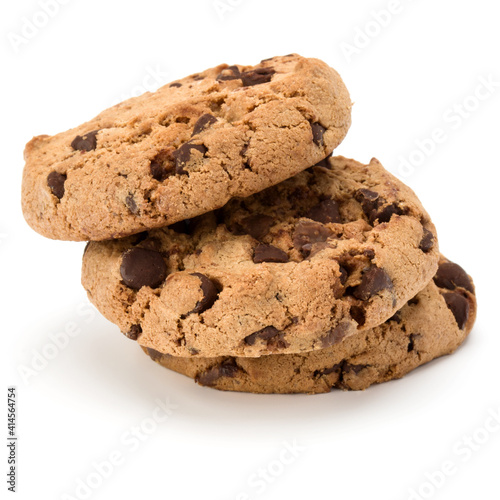 Three Chocolate chip cookies isolated on white background. Sweet biscuits. Homemade pastry.