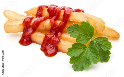 Schilderij op canvas French Fried Potatoes with ketchup isolated on white background