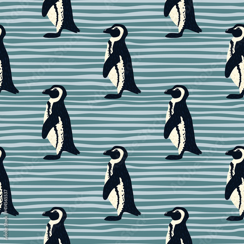 Simple style seamless arctic animal pattern with penguin ornament. Blue striped background. Zoo backrop.