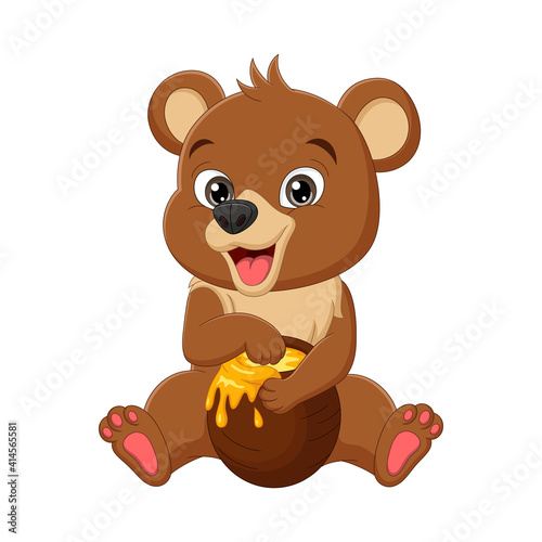 Cartoon funny baby bear sitting and eating sweet honey from the pot