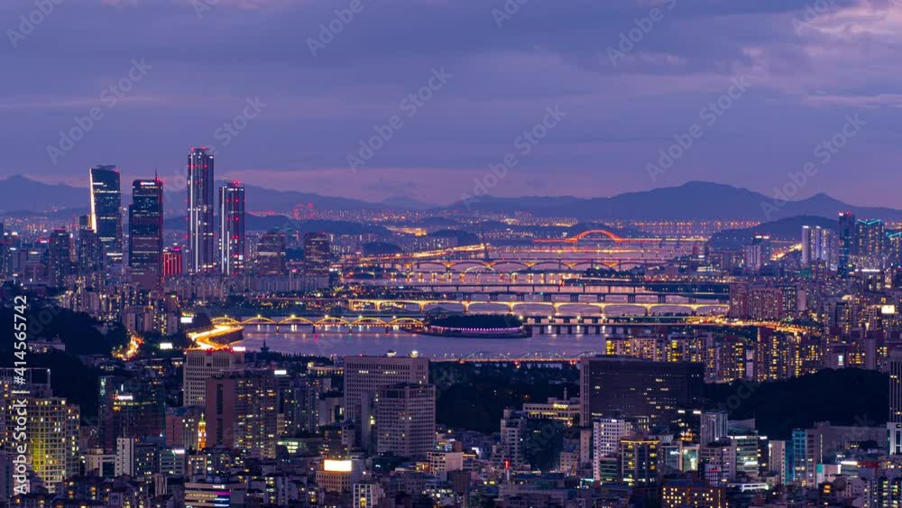 Day to night,Time lapse,Aerial view of Seoul city and Han river and sunset Sky,South Korea