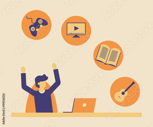 Young man hobby after get off work. Working at home. flat style illustration. freelancers working on laptop or computer at home.