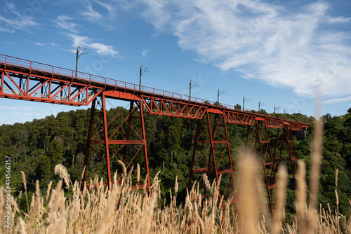 Red train bridge landscape in New Zealand summer.
Portain photo