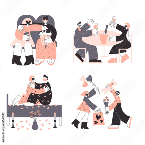 Man and woman dating during coronavirus concept. Romantic relationship with face protection. Cinema, Valentine's day, in a restaurant, drink wine, sleep together. Love life wearing face mask isolated 