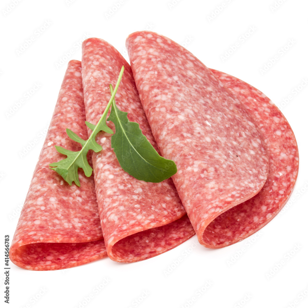 Salami smoked sausage slices isolated on white background Salami smoked sausage slices isolated on white background