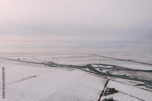Aerial drone photography of the freeway in central europe during winter season. 