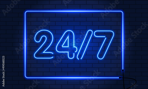 Open 24 to 7 Hours Neon Light on Brick Wall. Vector Illustration. 24 Hours Night Club. Bar Neon Sign. Blue. Vector