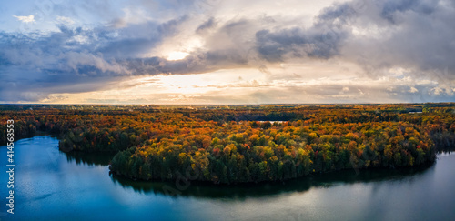 Pretty autumn sunset over Pete’s Lake Campground  in the Hiawatha National Forest – Michigan Upper Peninsula – aerial view © Craig Zerbe