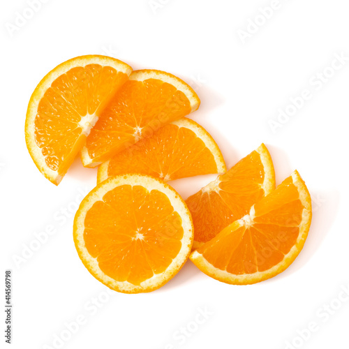 Orange fruit slice  isolated on white background closeup. Food background. Flat lay  top view.
