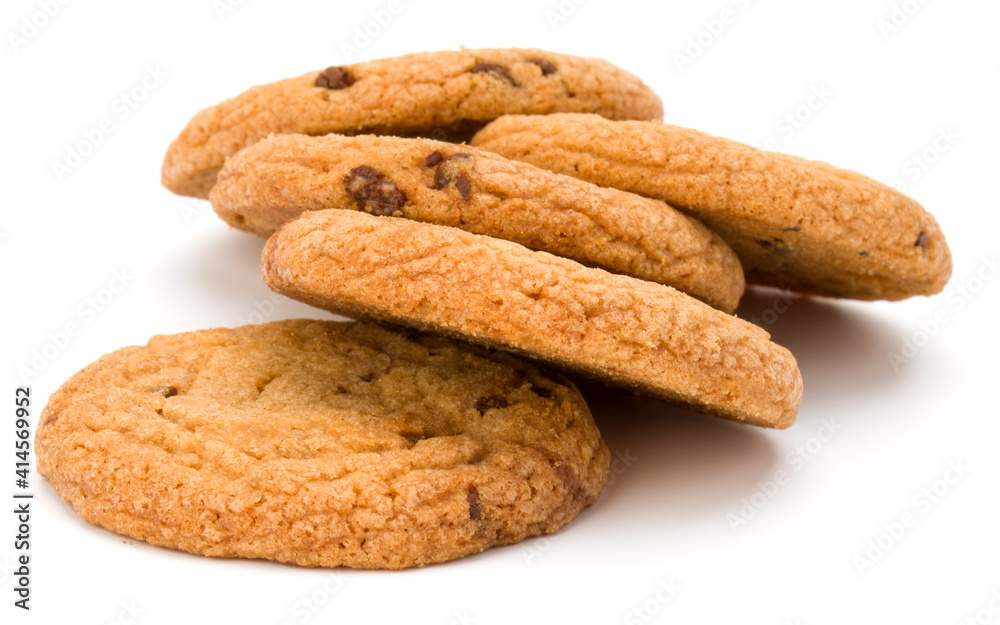 Chocolate chip cookies isolated on white background. Sweet biscuits. Homemade pastry. Chocolate chip cookies isolated on white background. Sweet biscuits. Homemade pastry.