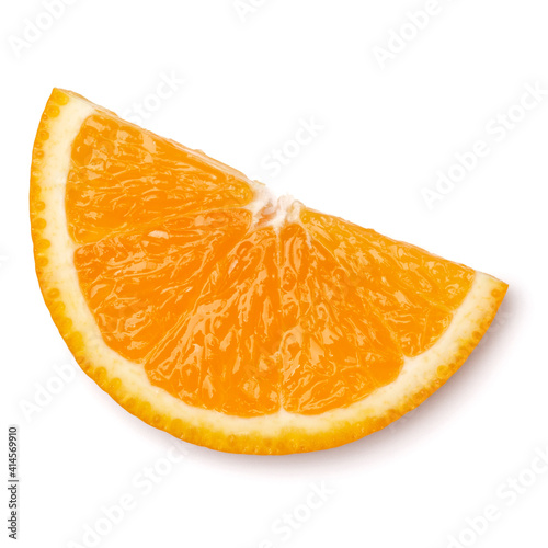Orange fruit slice isolated on white background closeup. Food background. Flat lay, top view.