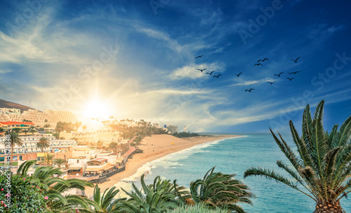 view of Morro jable beach in Fuerteventura at sunset - canary islands - spain photo