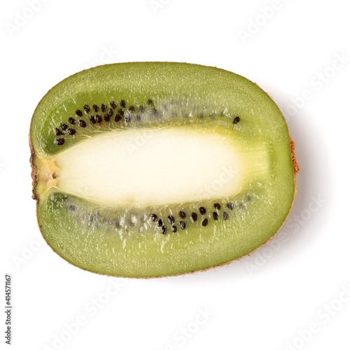 Cut along Half of kiwi fruit isolated on white background closeup. Flat lay, top view.