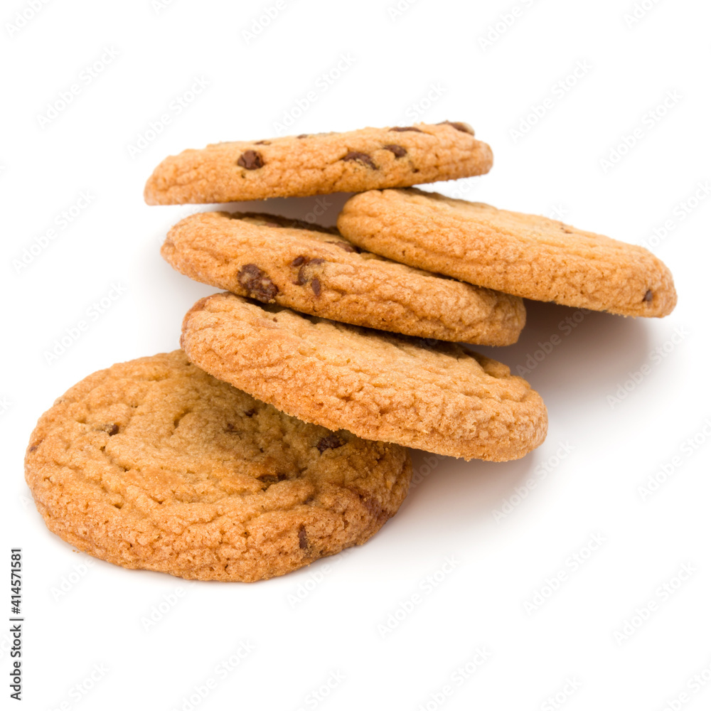 Chocolate chip cookies isolated on white background. Sweet biscuits. Homemade pastry.