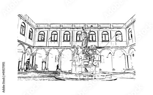 Building view with landmark of Sicily is the
Italian region. Hand drawn sketch illustration in vector.