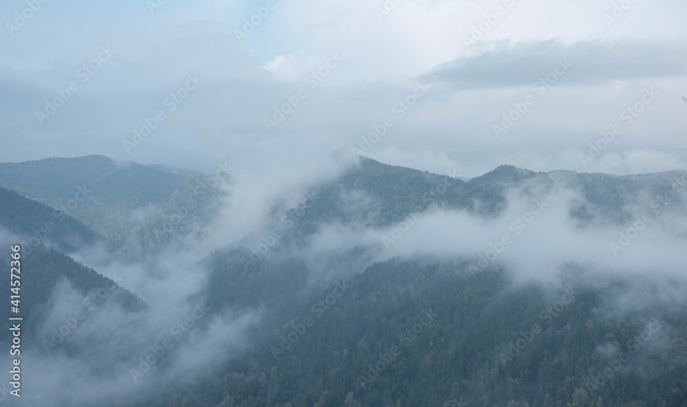 Mountains in the early morning in autumn. Wet fog. Coniferous green forest. Areas of deciduous forest with yellowed foliage.