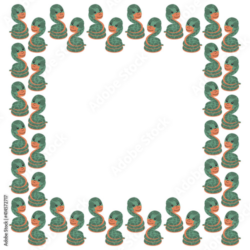 Square frame of cute gentle green characters of a boas constrictor with a protruding tongues on a white background. Template with place for text of cartoon snakes. Childish backdrop. Vector.